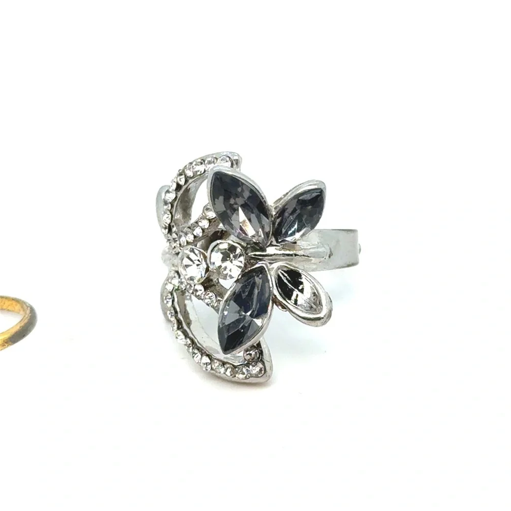 Silver‎ Crystal Floral Cocktail Ring and Gold Green Butterfly Stack Ring